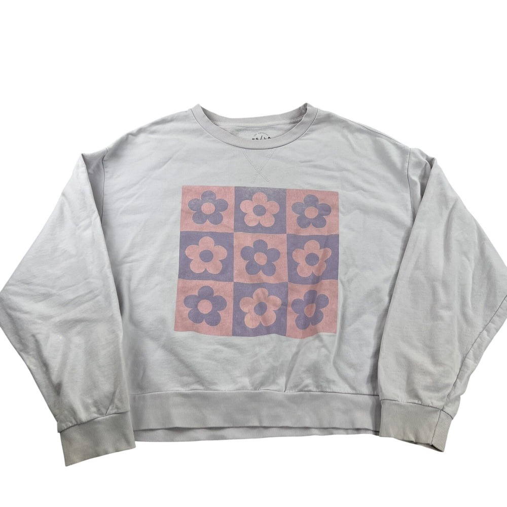 PS LA Cropped Sweatshirt M Gray Floral Checkerboard Womens Y2K Crewneck Retro